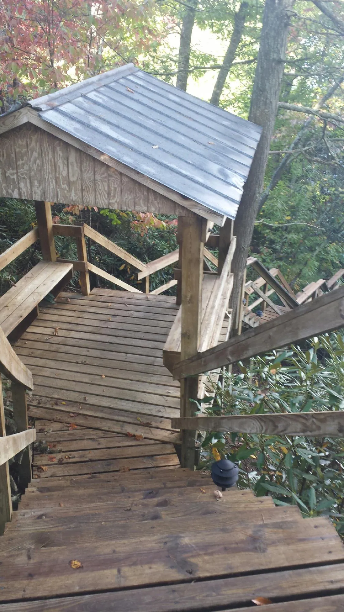 Metal roofed shelter over wooden steps on a wooded walkway — Skylight Repair & Installation work by our crew in Phelan